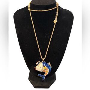 Betsey Johnson Enamel and Crystal Fish Pendant Necklace Gold Tone Chain Signed
